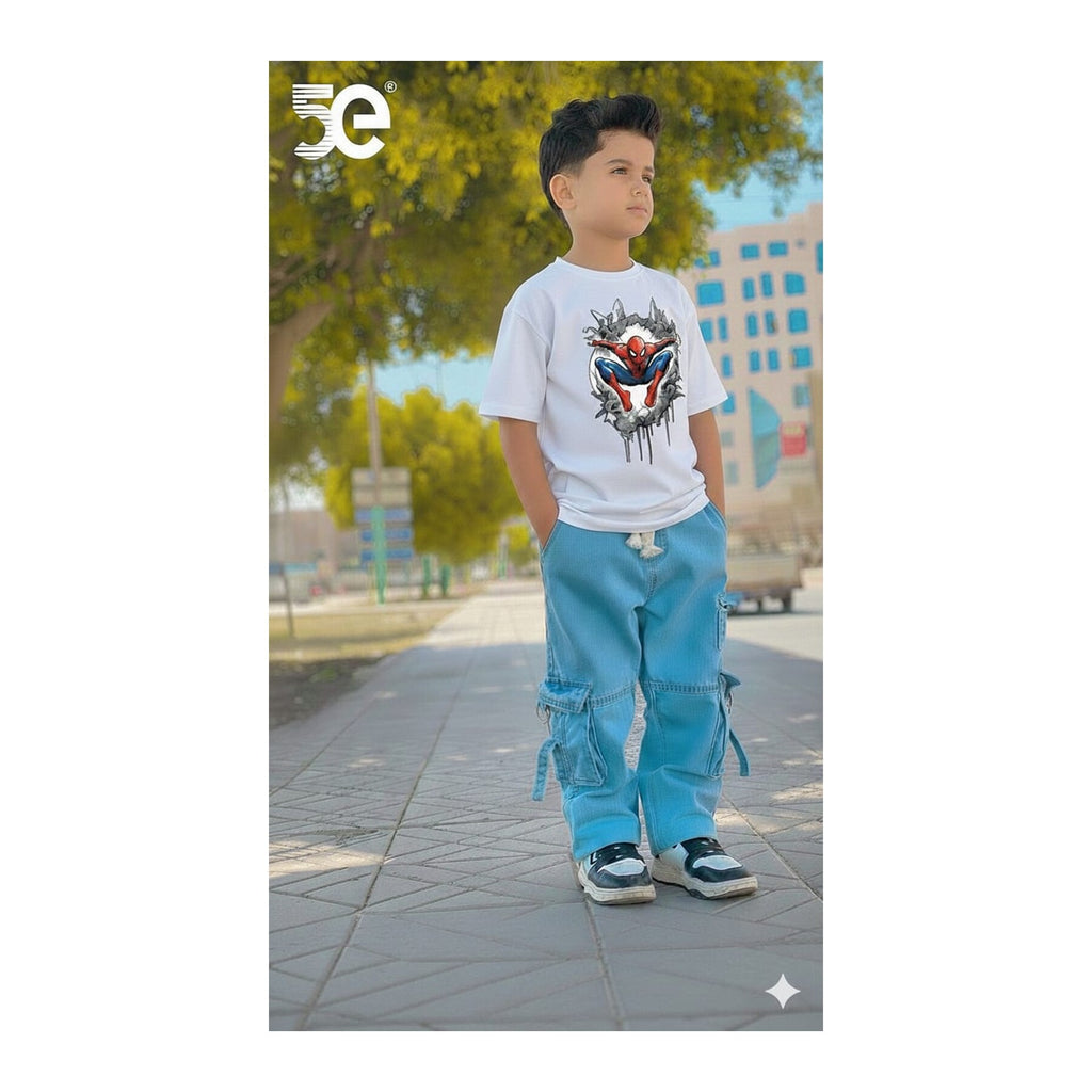 Boys Denim Pant and T-Shirt Set Graphic Prints - 13 White Hero Mask