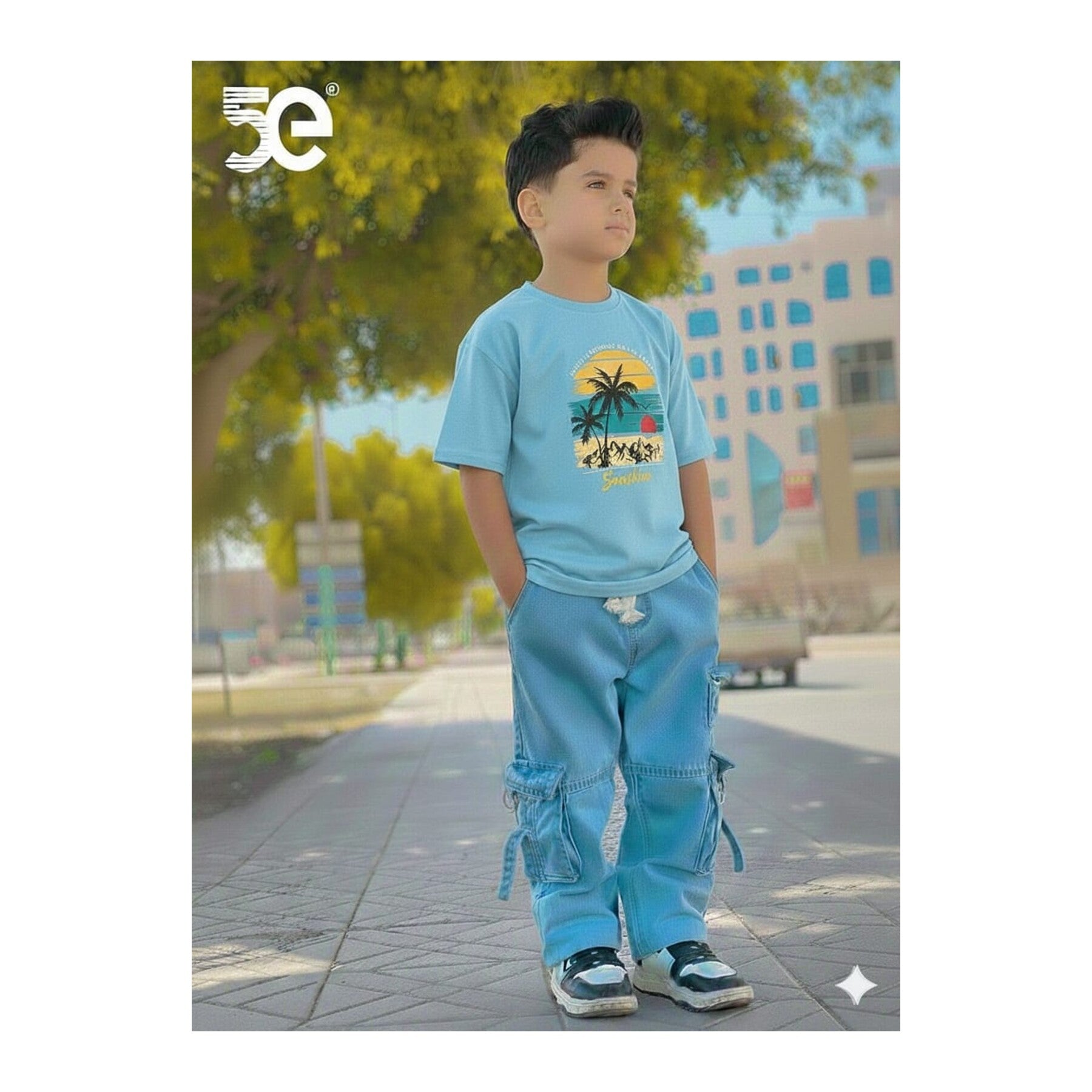 Boys Denim Pant and T-Shirt Set Graphic Prints - 14 Sky Blue Palm Sunset
