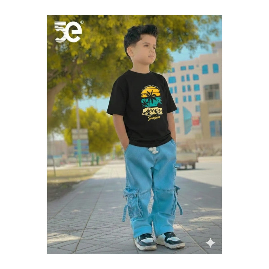Boys Denim Pant and T-Shirt Set Panda and Graphic Prints - 14 Black Palm Sunset