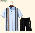 Cotton Polo Shirt and Half Pant Combo - Sky Blue Brown Stripe