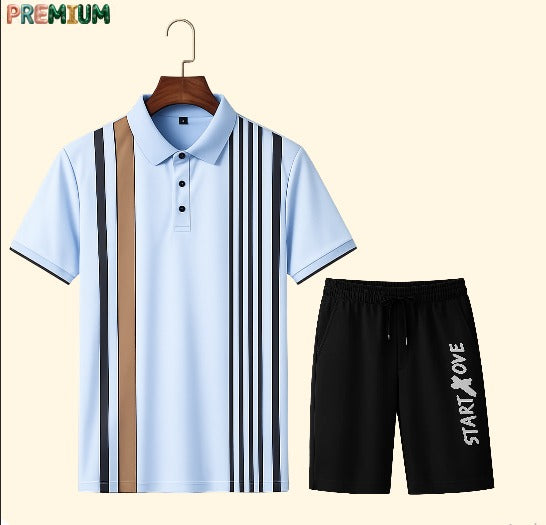 Cotton Polo Shirt and Half Pant Combo - Sky Blue Brown Stripe