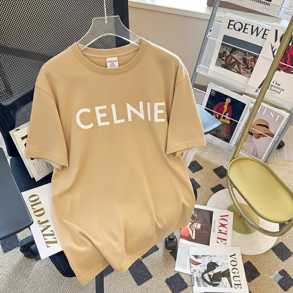 Premium Drop Shoulder T-Shirt Logo Graphic Collection - Beige Letter Print