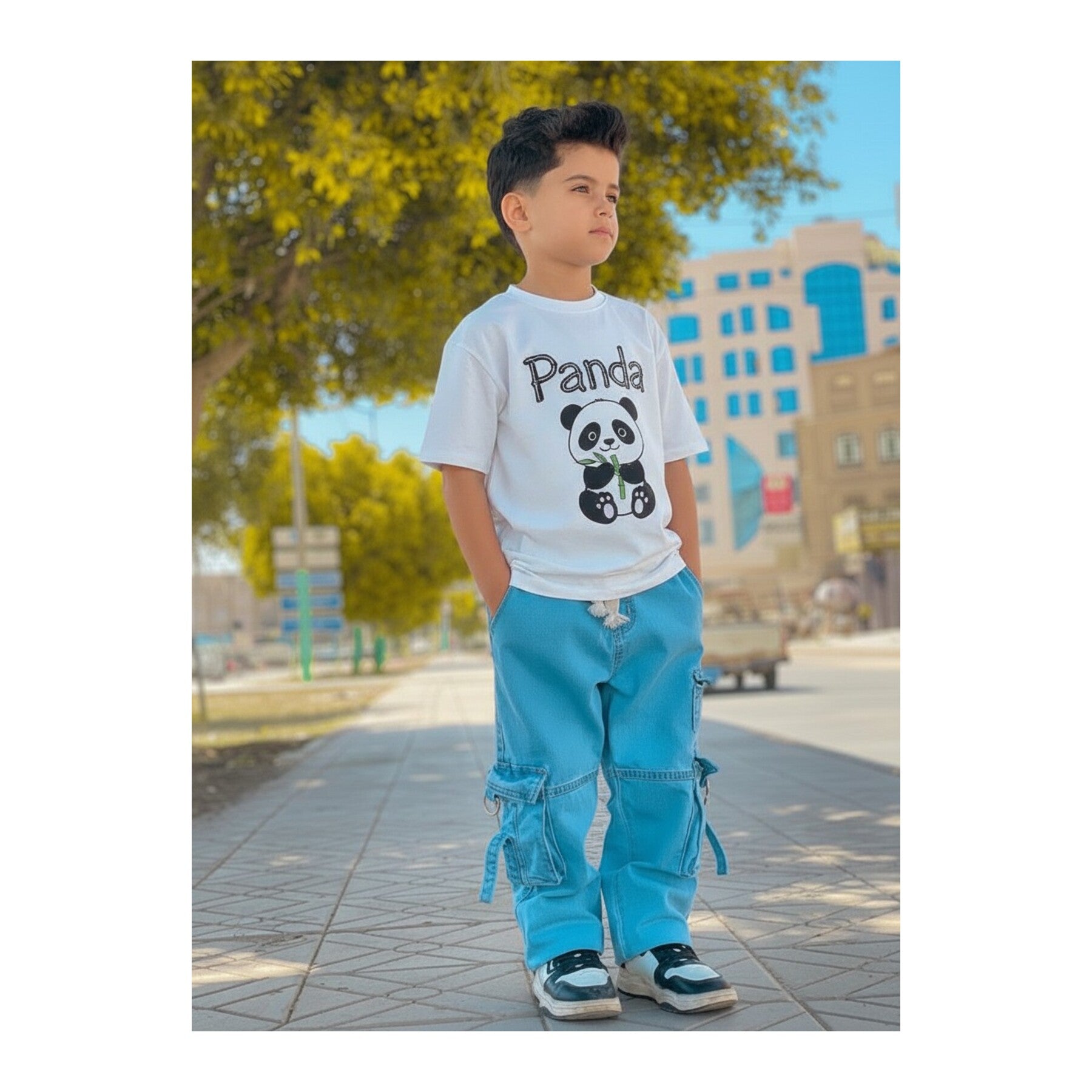 Boys Denim Pant and T-Shirt Set Graphic Prints - 17 White Panda Text