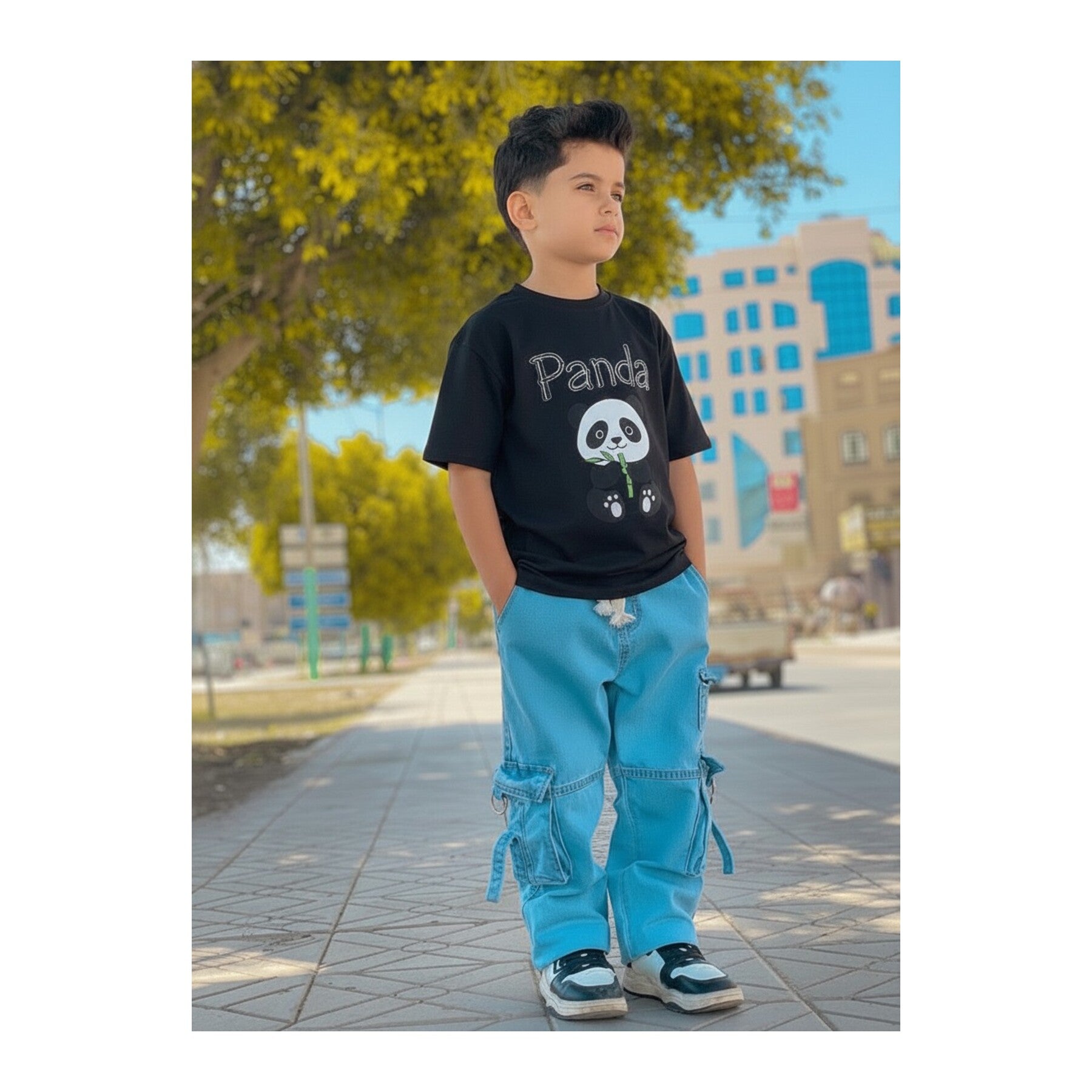 Boys Denim Pant and T-Shirt Set Panda and Graphic Prints - 17 Black Panda
