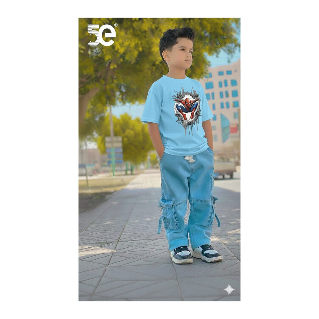 Boys Denim Pant and T-Shirt Set Graphic Prints - 18 Sky Blue Hero Mask