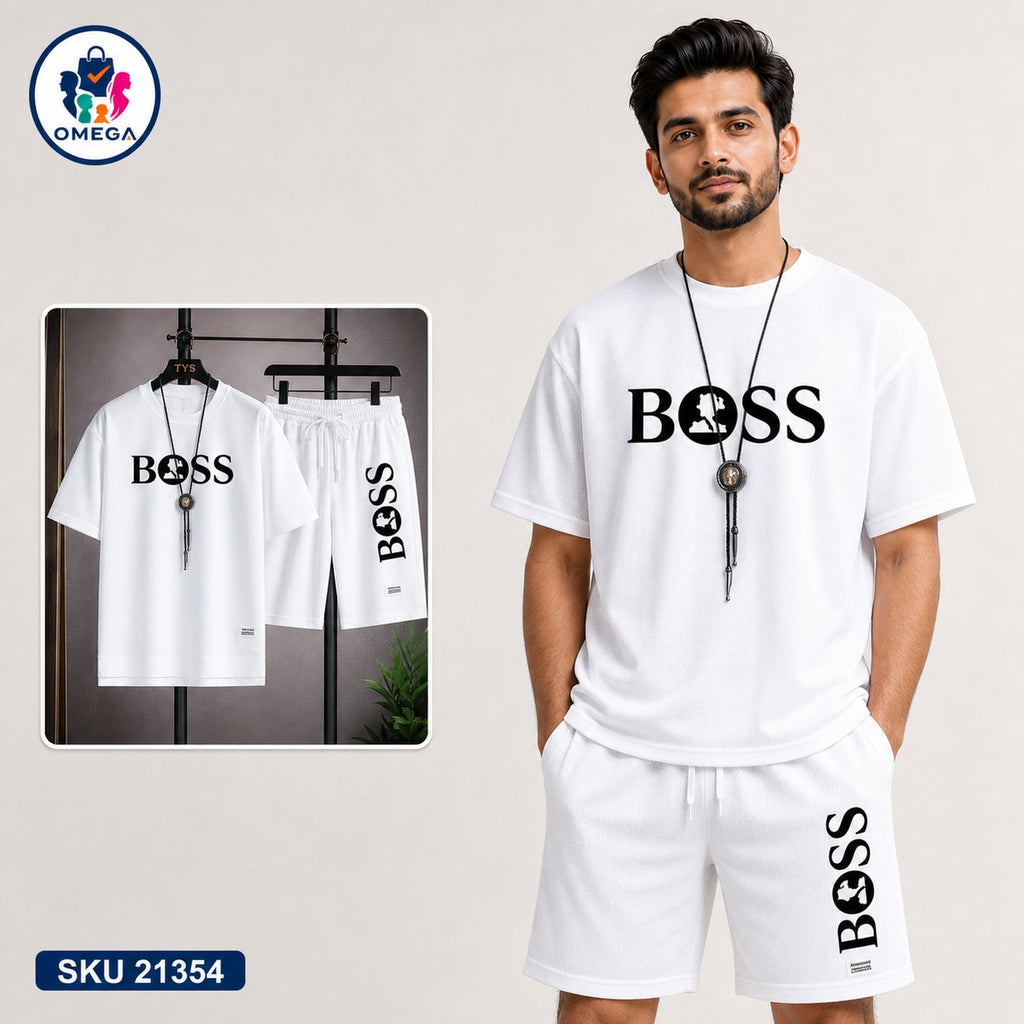 Mash T-Shirt and Shorts Combo White Boss Vertical Logo Bangladeshi model preview | OmegaBD