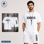 Mash T-Shirt and Shorts Combo White Boss Vertical Logo Bangladeshi model preview | OmegaBD