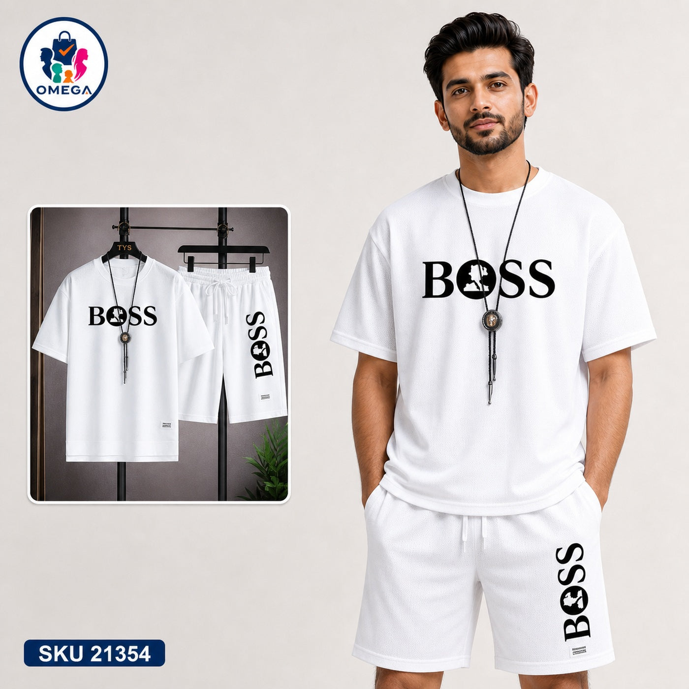 Mash T-Shirt and Shorts Combo White Boss Vertical Logo Bangladeshi model preview | OmegaBD