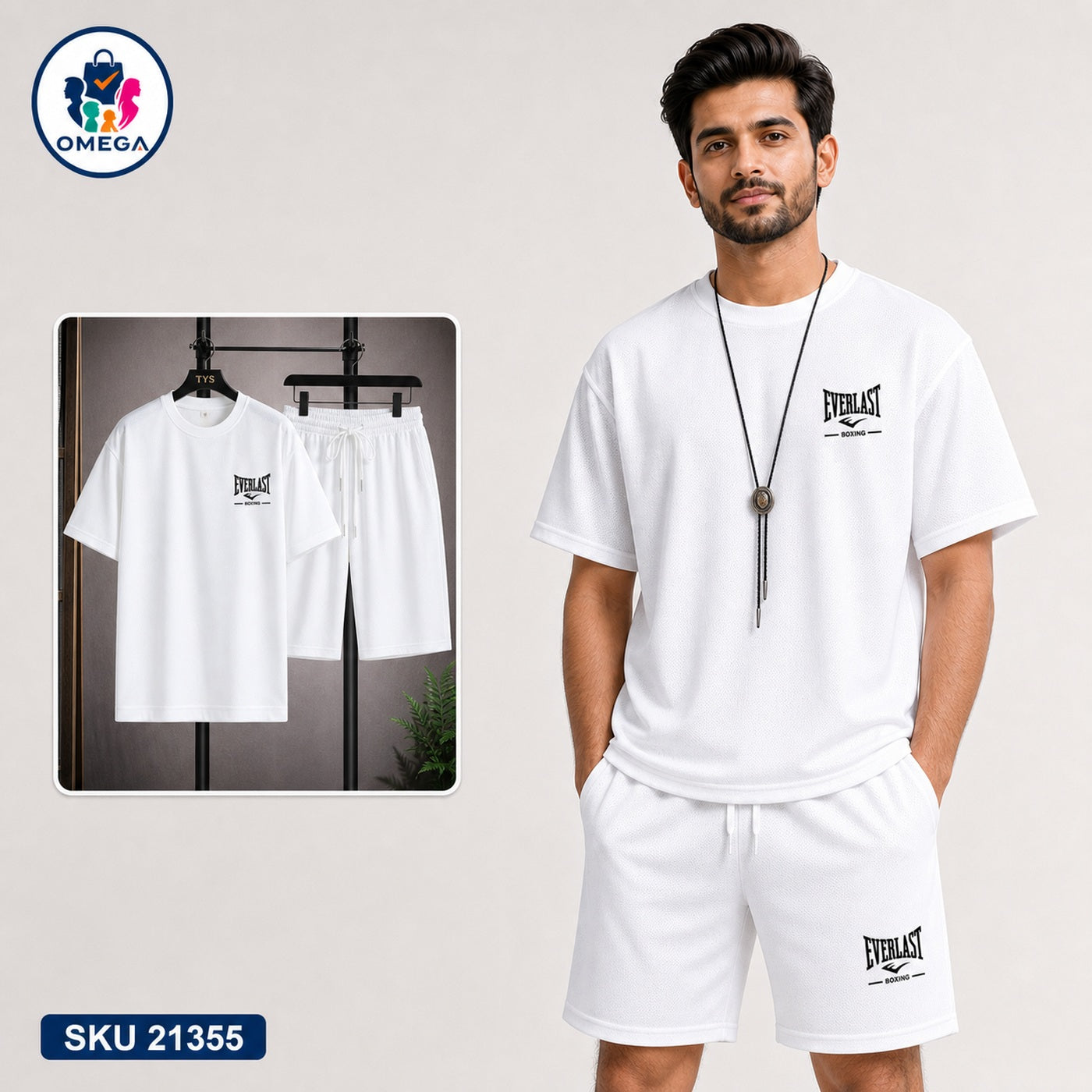 Mash T-Shirt and Shorts Combo White Everlast Small Logo Bangladeshi model preview | OmegaBD