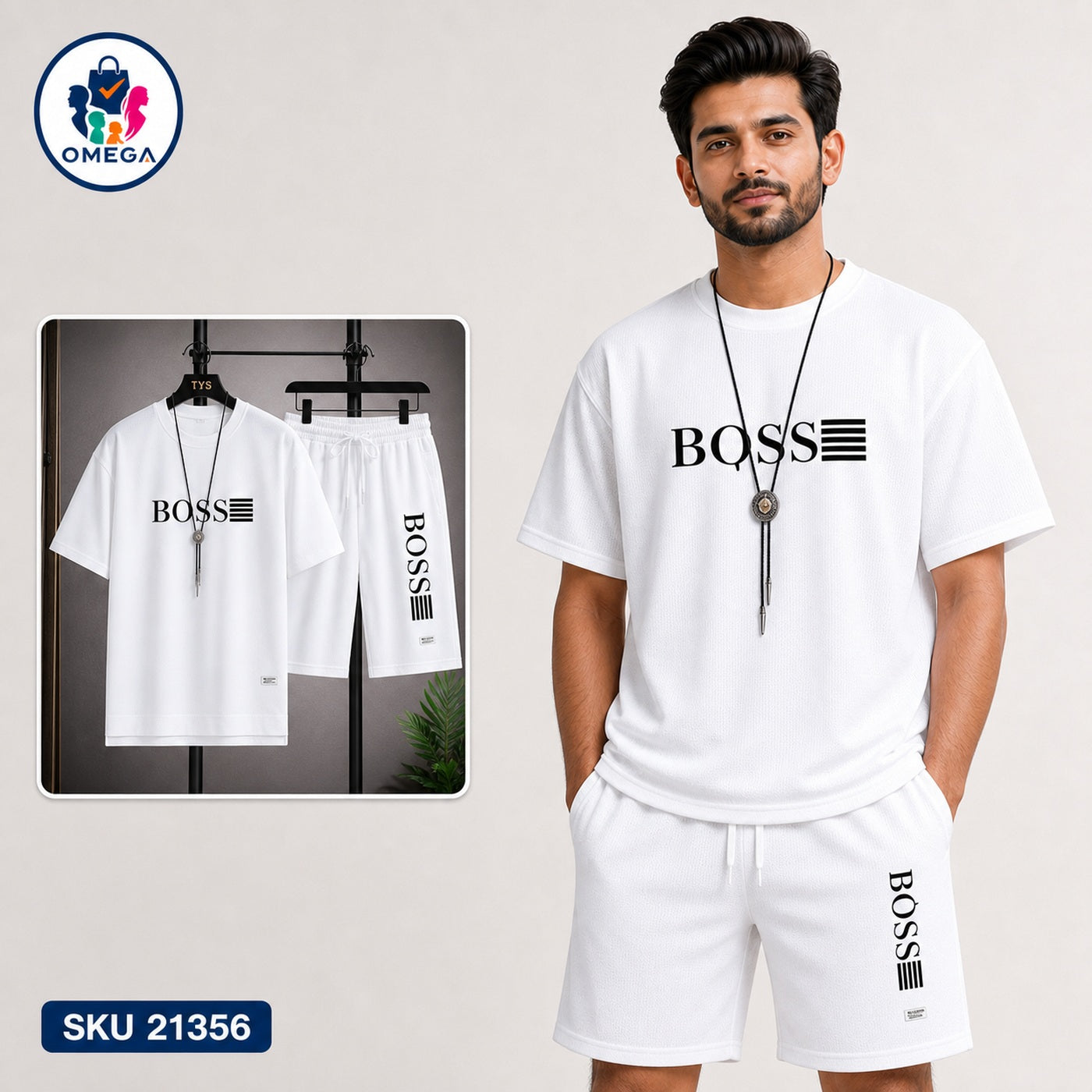 Mash T-Shirt and Shorts Combo White Boss Horizontal Logo Bangladeshi model preview | OmegaBD