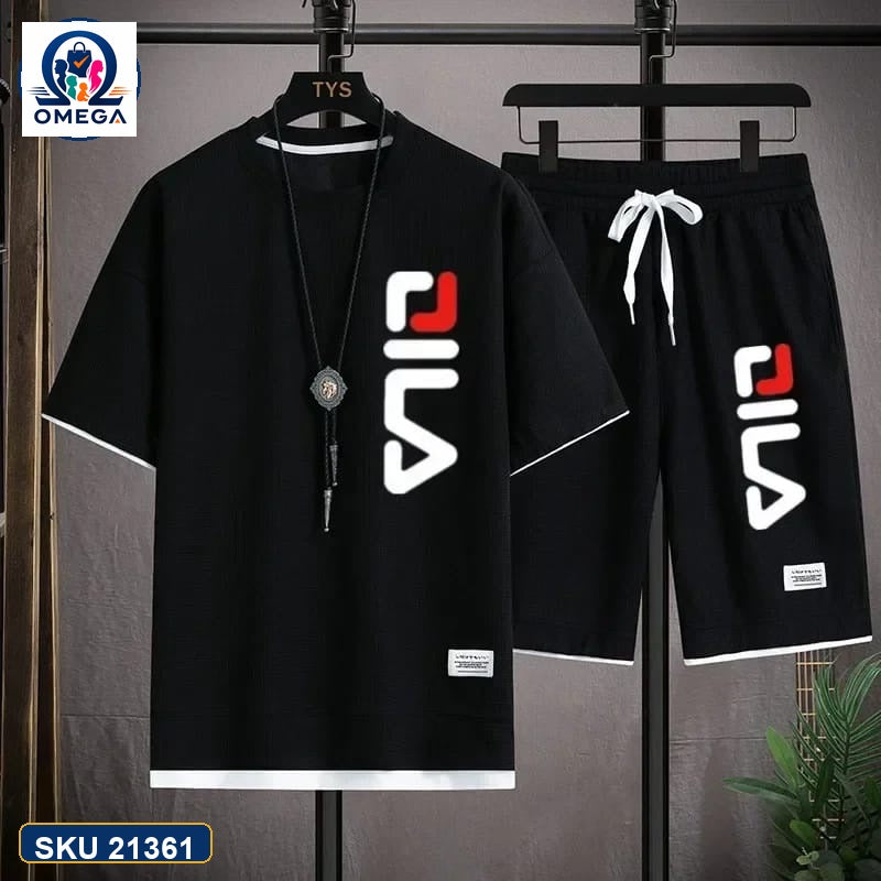 Mash T-Shirt and Shorts Combo Black Fila Side Logo product photo | OmegaBD