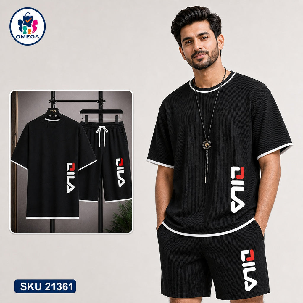 Mash T-Shirt and Shorts Combo Black Fila Side Logo Bangladeshi model preview | OmegaBD