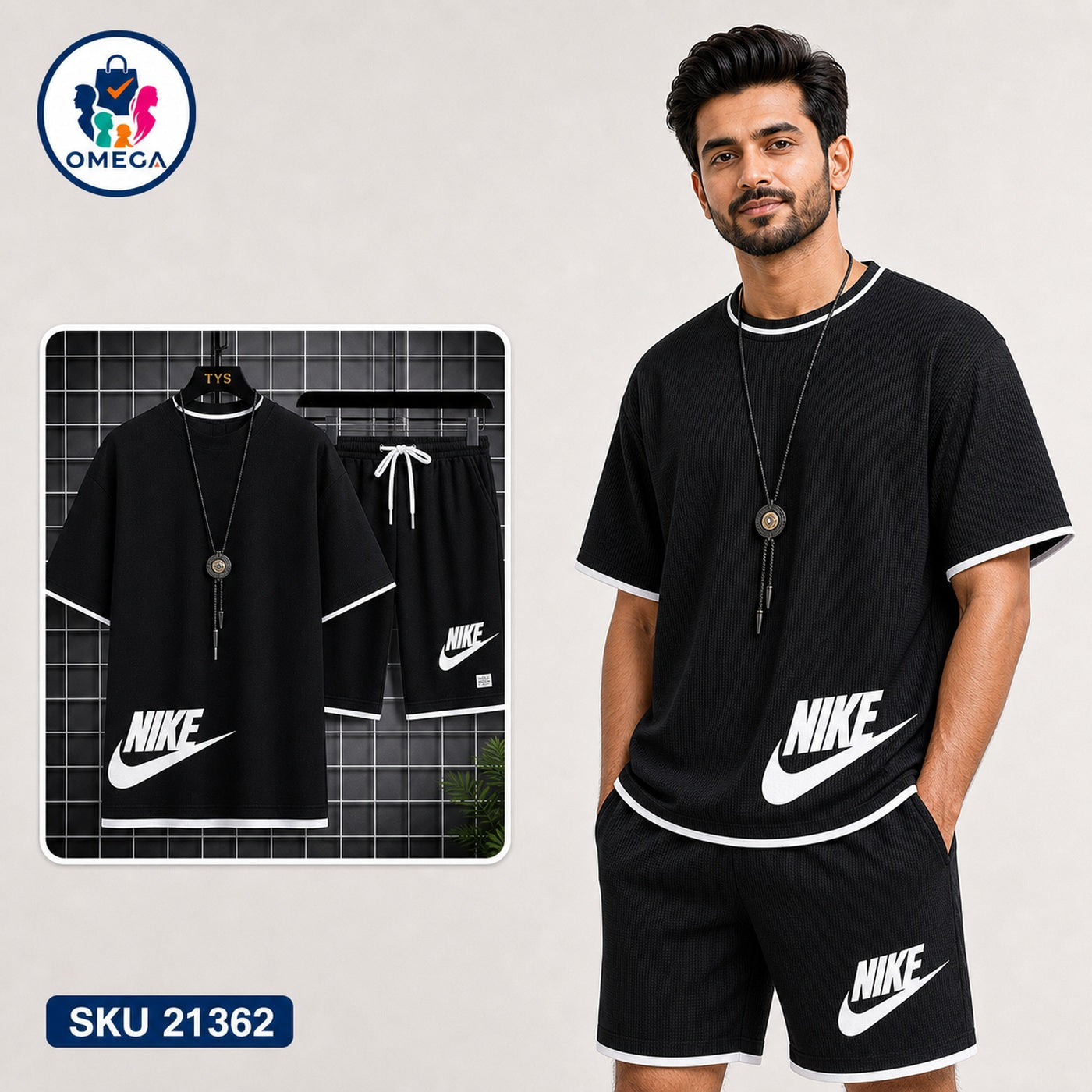 Mash T-Shirt and Shorts Combo Black Nike Side Logo Bangladeshi model preview | OmegaBD