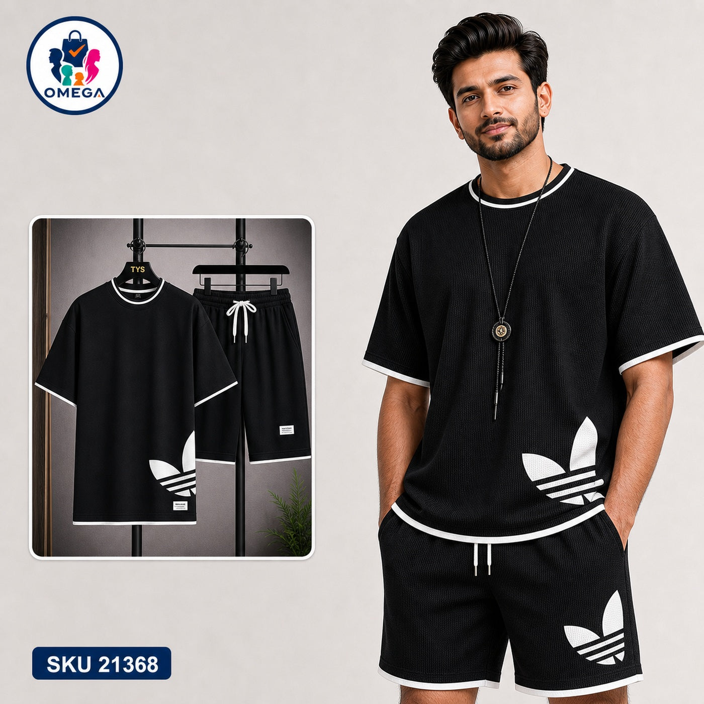 Mash T-Shirt and Shorts Combo Black Adidas Side Logo Bangladeshi model preview | OmegaBD