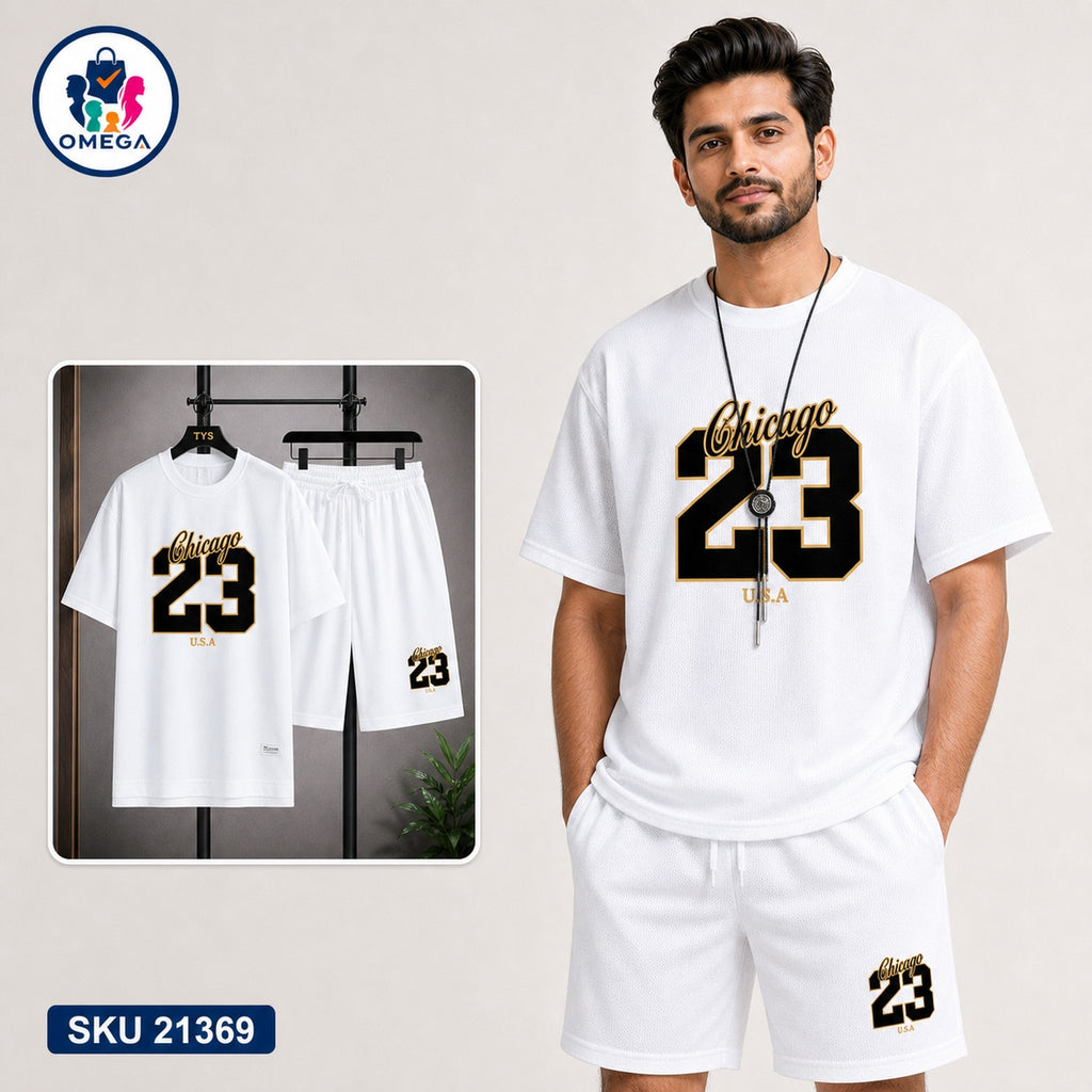Mash T-Shirt and Shorts Combo White Chicago 23 Graphic Bangladeshi model preview | OmegaBD