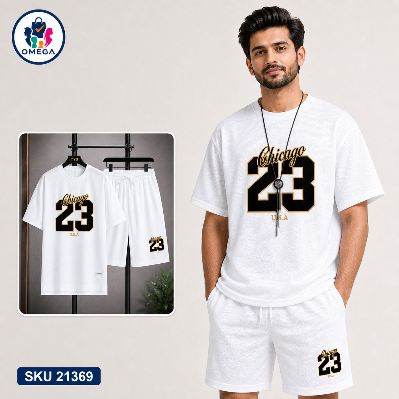 Mash T-Shirt and Shorts Combo White Chicago 23 Graphic Bangladeshi model preview | OmegaBD