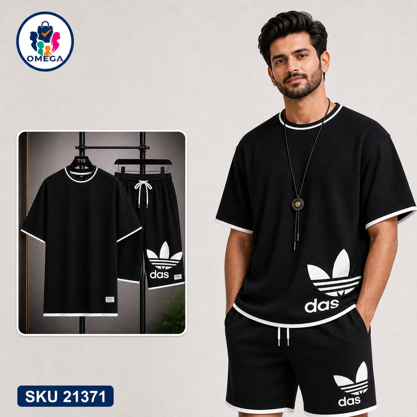 Mash T-Shirt and Shorts Combo Black Adidas Side Logo Bangladeshi model preview | OmegaBD