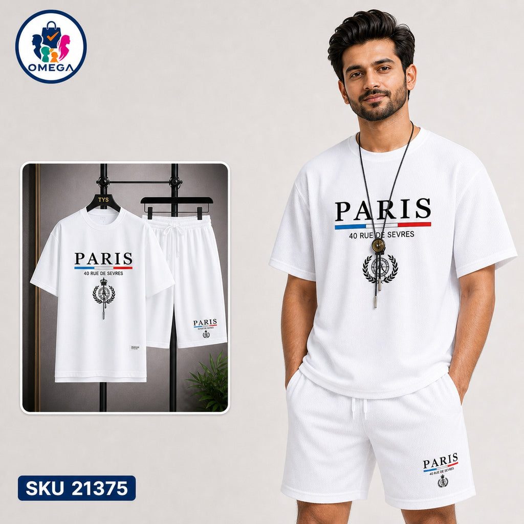Mash T-Shirt and Shorts Combo White Paris Emblem Bangladeshi model preview | OmegaBD