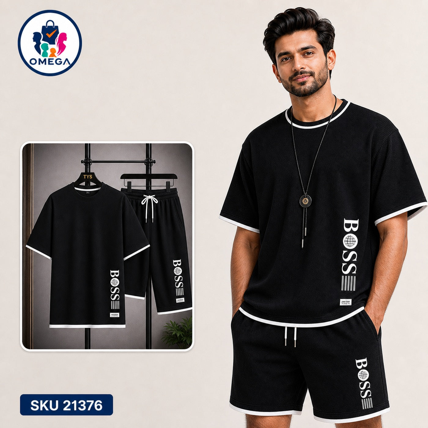 Mash T-Shirt and Shorts Combo Black Boss Vertical Logo Bangladeshi model preview | OmegaBD