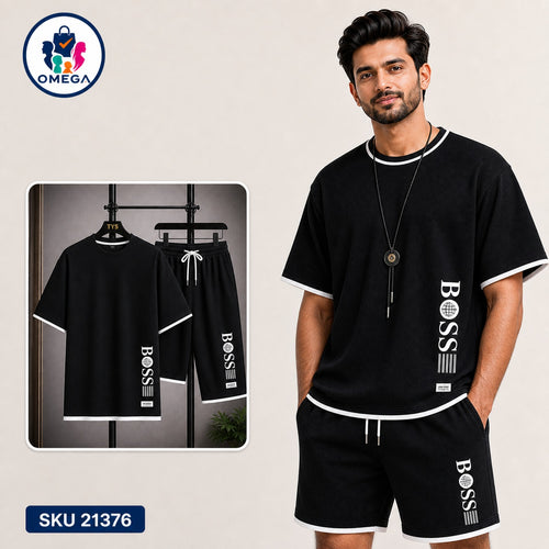 Mash T-Shirt and Shorts Combo Black Boss Vertical Logo Bangladeshi model preview | OmegaBD