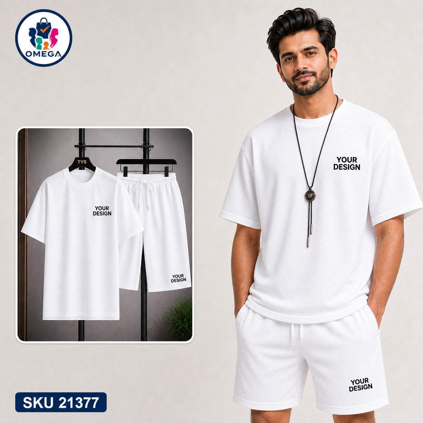 Mash T-Shirt and Shorts Combo White Your Design Text Bangladeshi model preview | OmegaBD