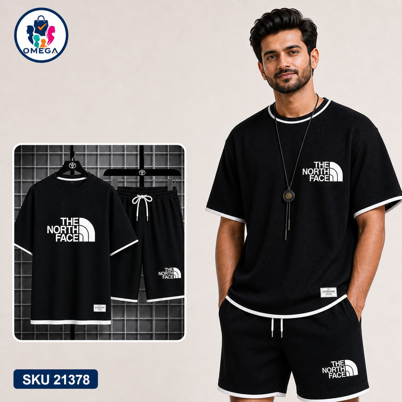 Mash T-Shirt and Shorts Combo Black North Face Text Bangladeshi model preview | OmegaBD