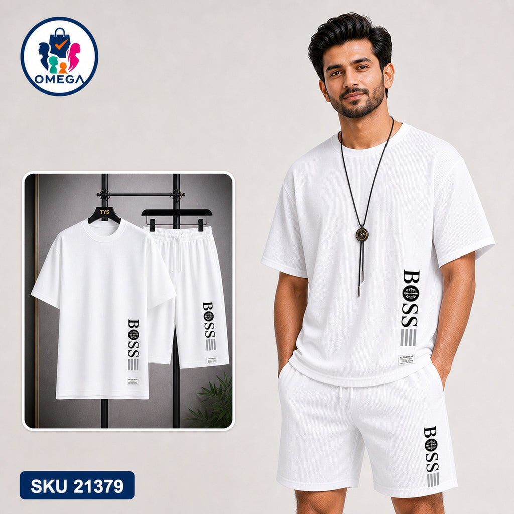 Mash T-Shirt and Shorts Combo White Boss Vertical Logo Bangladeshi model preview | OmegaBD
