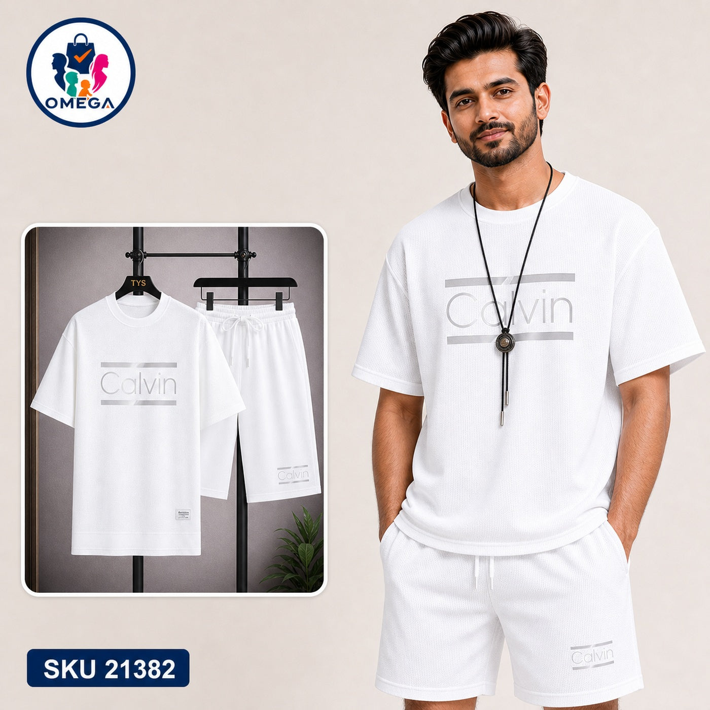 Mash T-Shirt and Shorts Combo White Calvin Text Bangladeshi model preview | OmegaBD