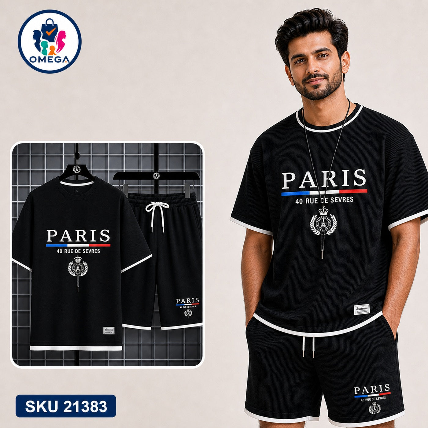 Mash T-Shirt and Shorts Combo Black Paris Emblem Bangladeshi model preview | OmegaBD
