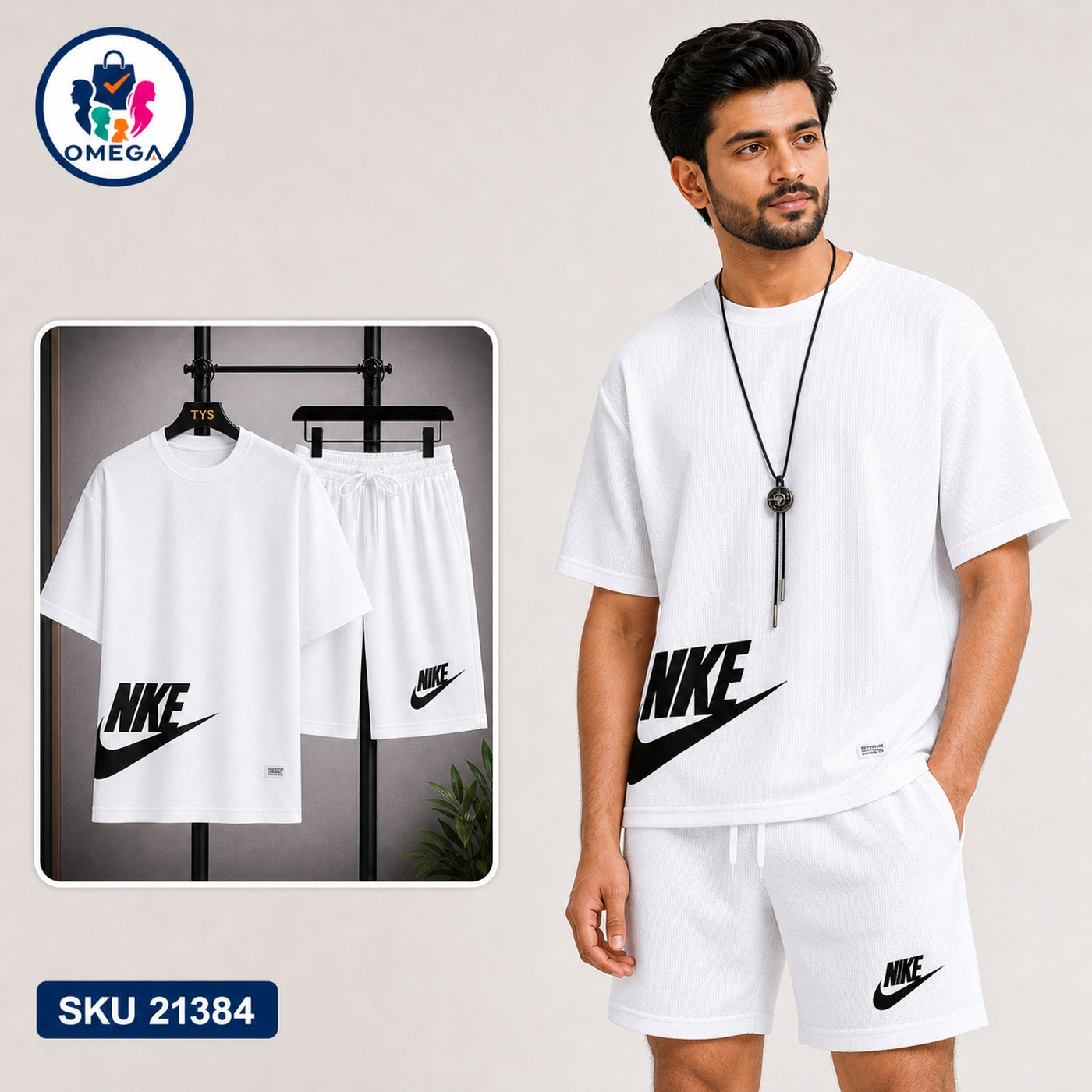 Mash T-Shirt and Shorts Combo White Nike Side Logo Bangladeshi model preview | OmegaBD