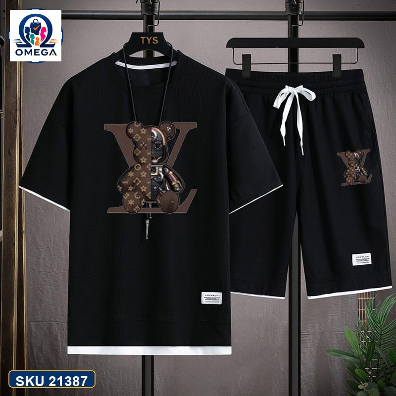 Mash T-Shirt and Shorts Combo Black LV Pattern product photo | OmegaBD