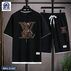 Mash T-Shirt and Shorts Combo Black LV Pattern product photo | OmegaBD