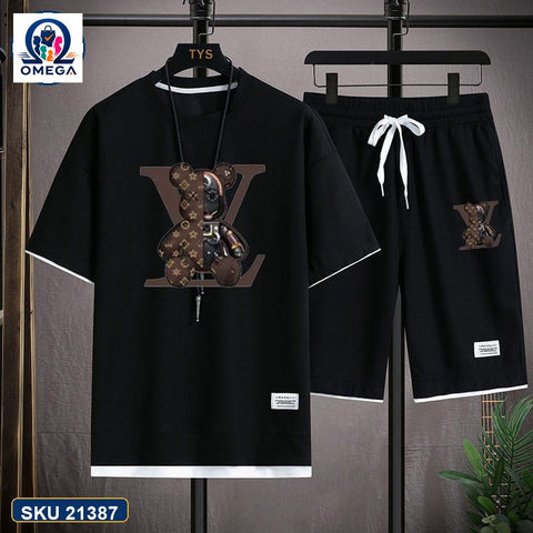 Mash T-Shirt and Shorts Combo Black LV Pattern product photo | OmegaBD