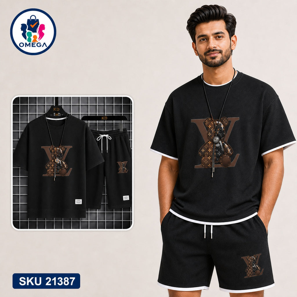 Mash T-Shirt and Shorts Combo Black LV Pattern Bangladeshi model preview | OmegaBD