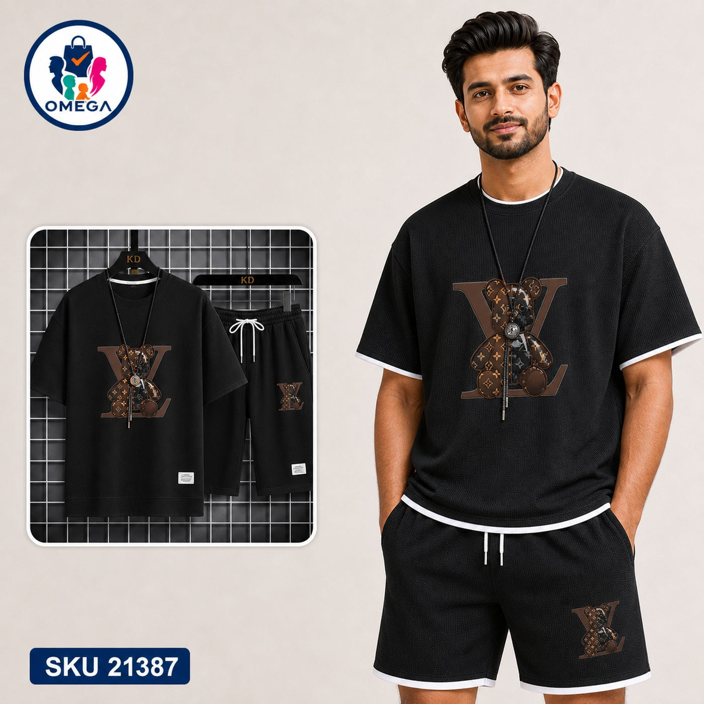 Mash T-Shirt and Shorts Combo Black LV Pattern Bangladeshi model preview | OmegaBD