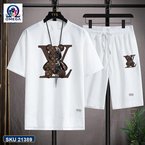 Mash T-Shirt and Shorts Combo White LV Pattern product photo | OmegaBD