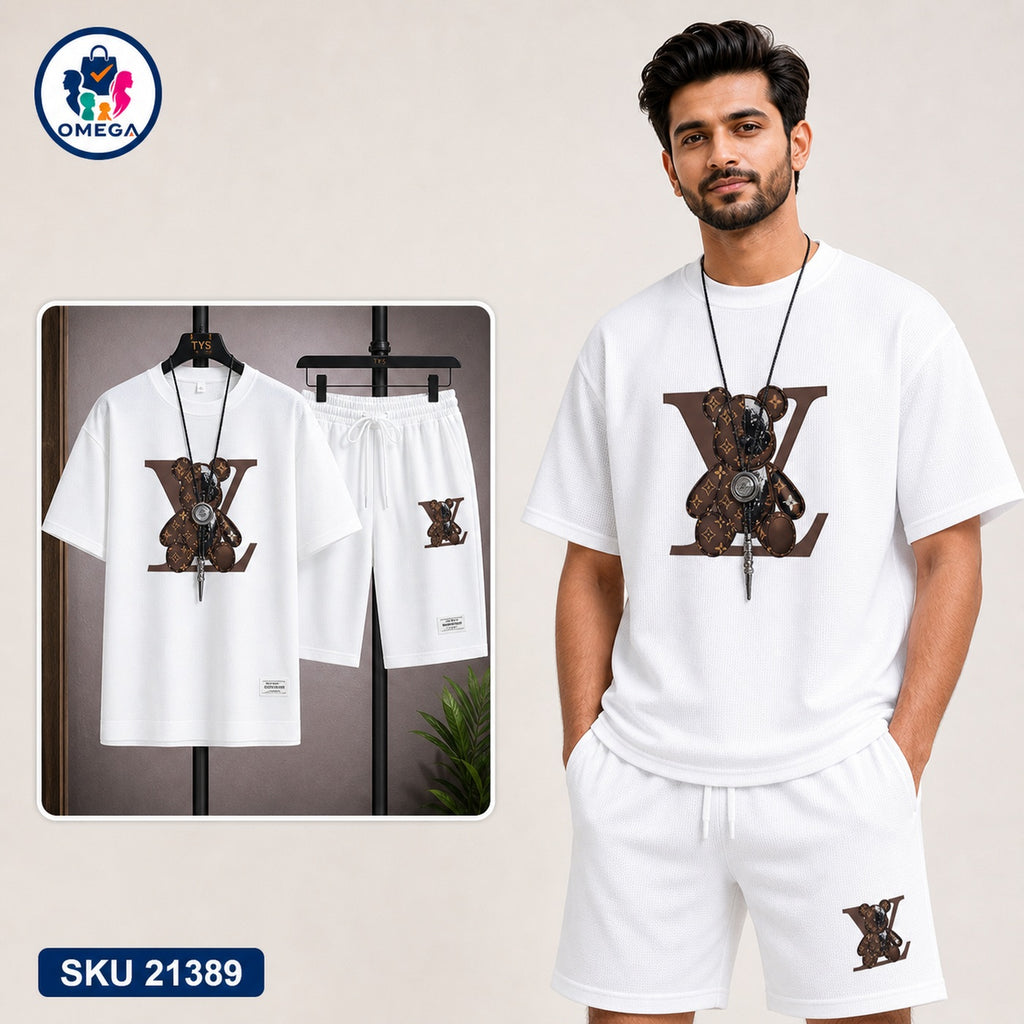 Mash T-Shirt and Shorts Combo White LV Pattern Bangladeshi model preview | OmegaBD