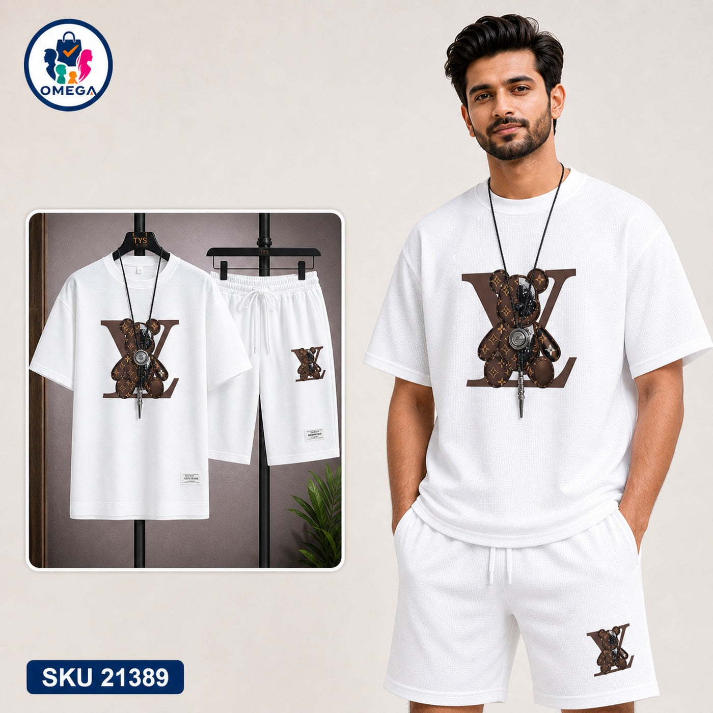 Mash T-Shirt and Shorts Combo White LV Pattern Bangladeshi model preview | OmegaBD