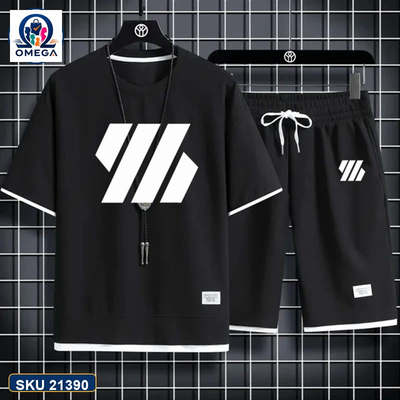 Mash T-Shirt and Shorts Combo Black Triple Stripe Logo product photo | OmegaBD