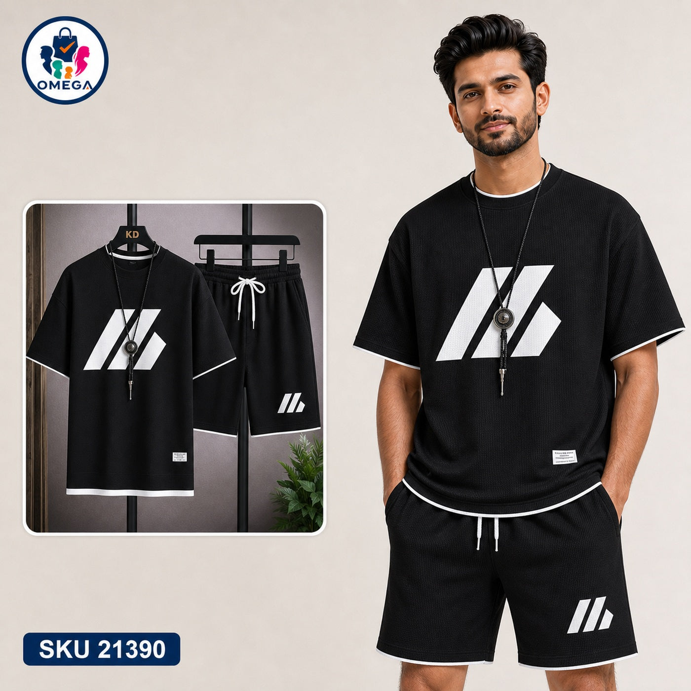 Mash T-Shirt and Shorts Combo Black Triple Stripe Logo Bangladeshi model preview | OmegaBD