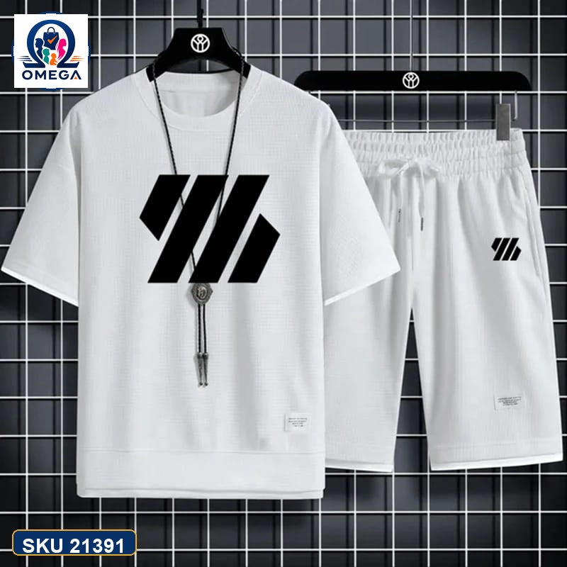 Mash T-Shirt and Shorts Combo White Triple Stripe Logo product photo | OmegaBD