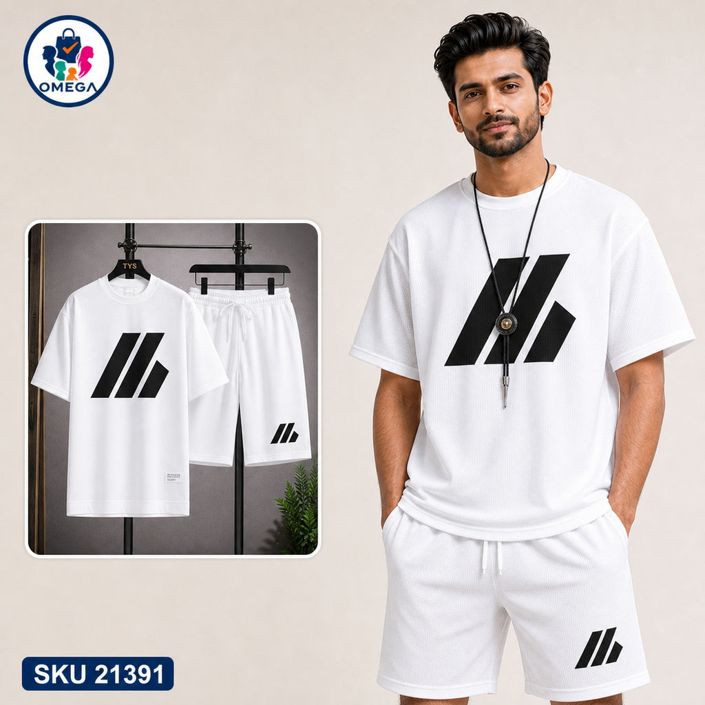 Mash T-Shirt and Shorts Combo White Triple Stripe Logo Bangladeshi model preview | OmegaBD