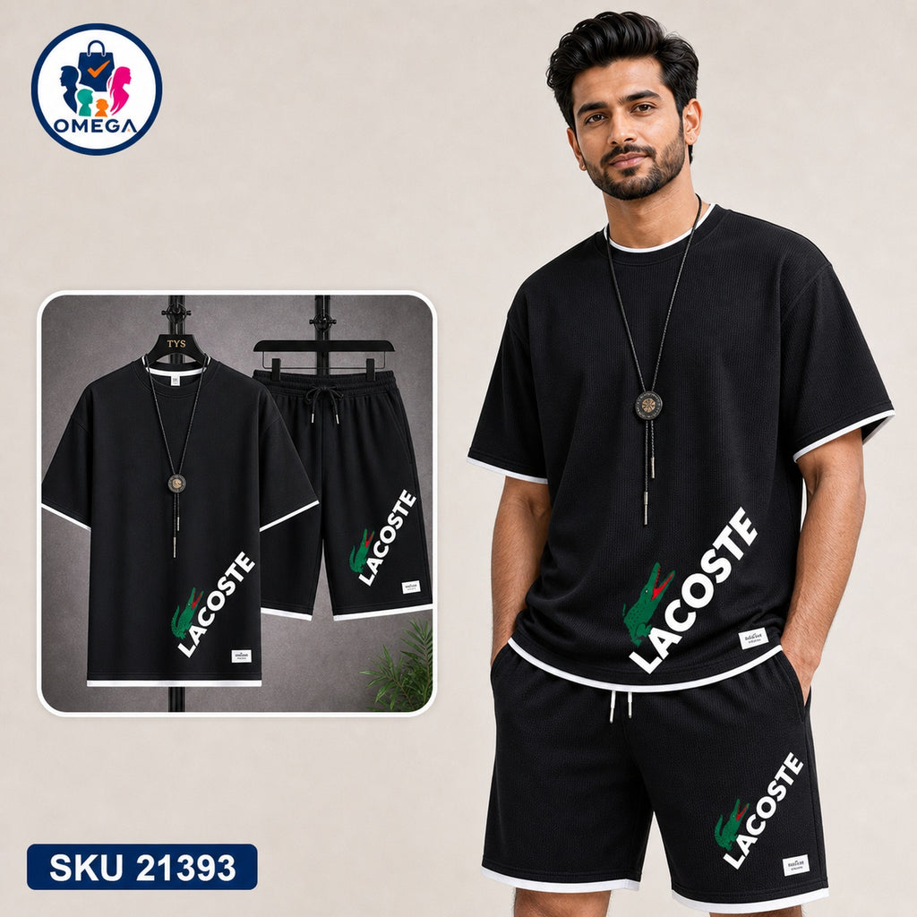 Mash T-Shirt and Shorts Combo Black Lacoste Diagonal Bangladeshi model preview | OmegaBD