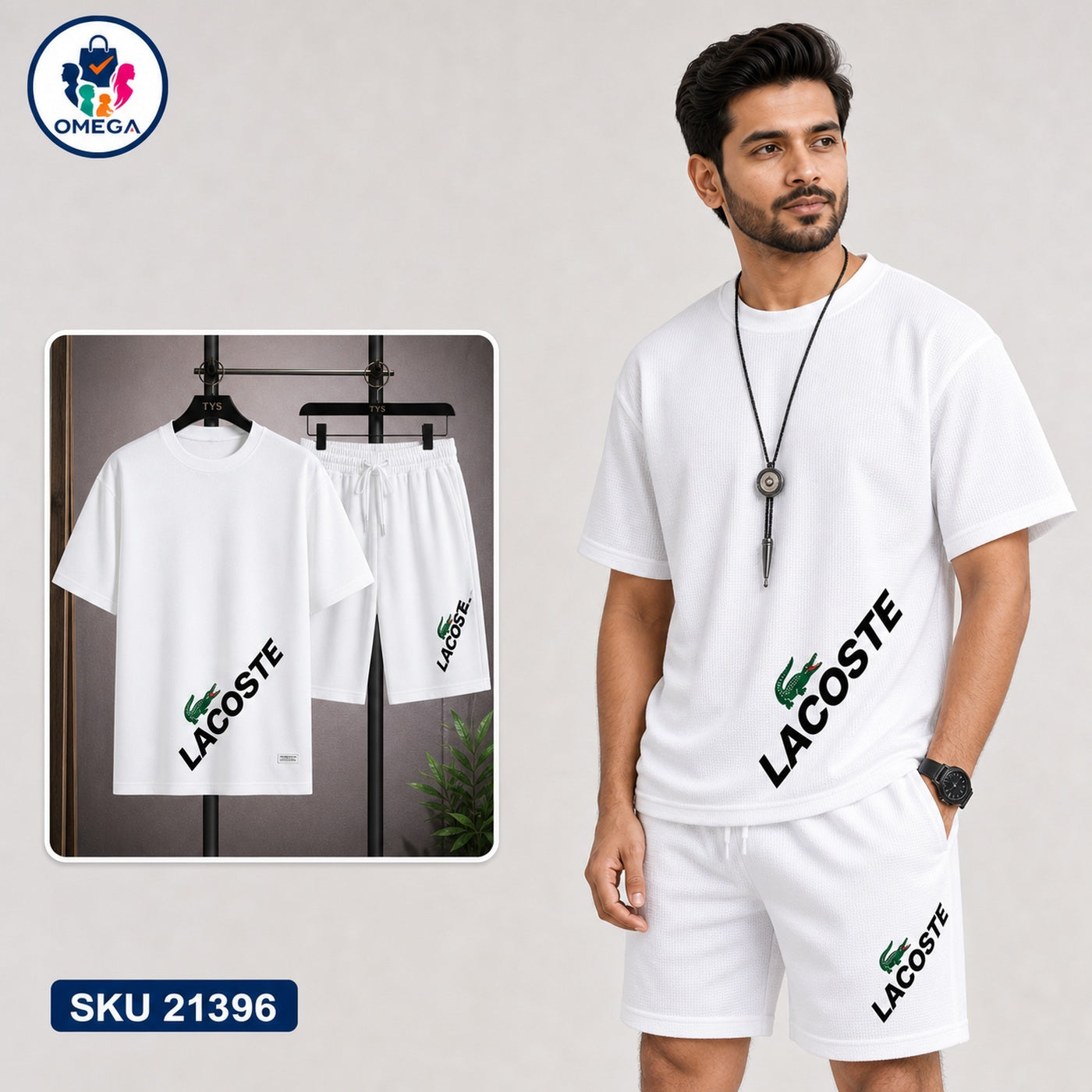 Mash T-Shirt and Shorts Combo White Lacoste Diagonal Bangladeshi model preview | OmegaBD