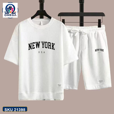 Mash T-Shirt and Shorts Combo White New York Text product photo | OmegaBD