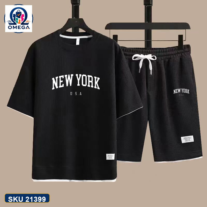 Mash T-Shirt and Shorts Combo Black New York Text product photo | OmegaBD