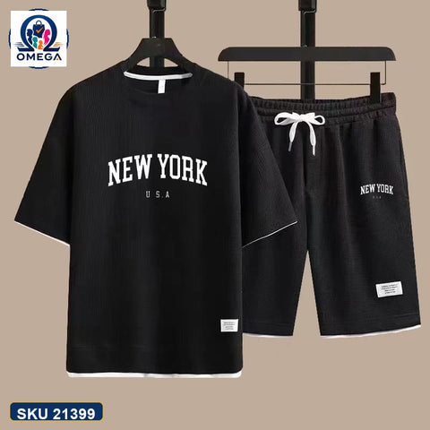 Mash T-Shirt and Shorts Combo Black New York Text product photo | OmegaBD