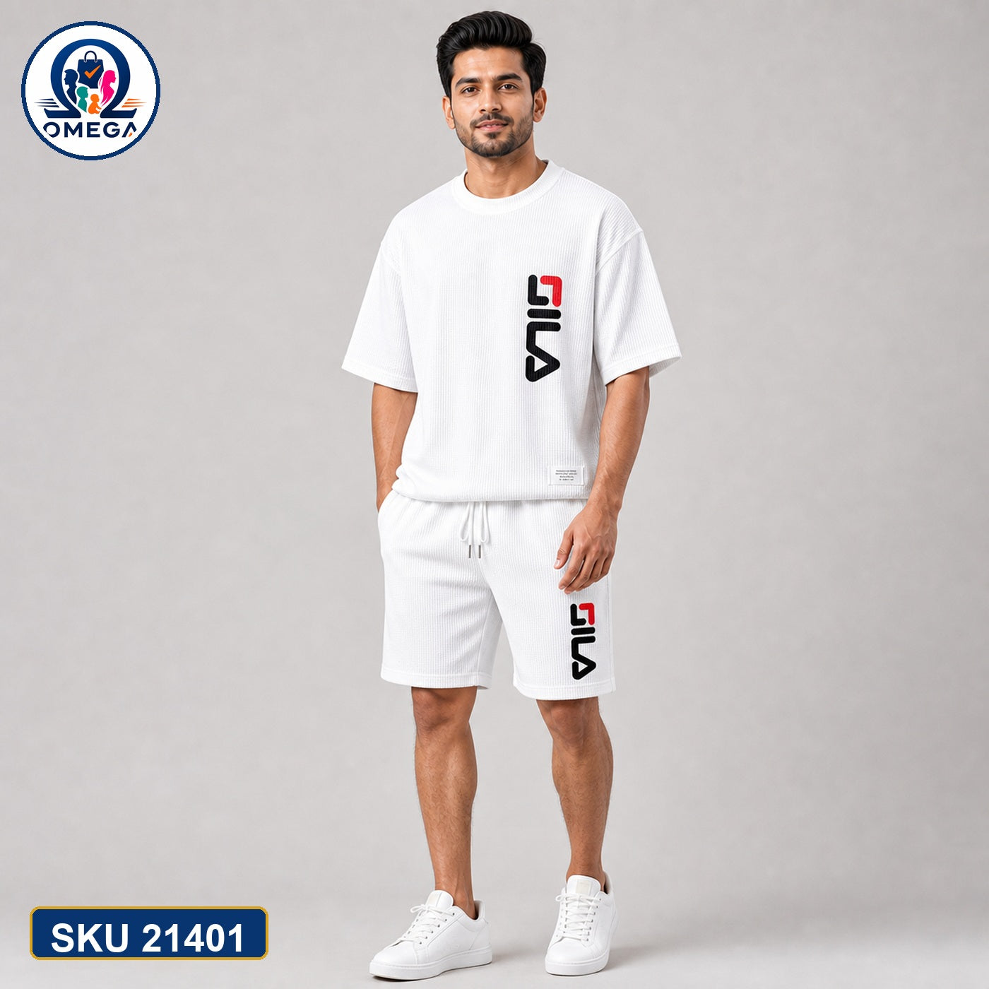 Mash T-Shirt and Shorts Combo White Fila Side Logo Bangladeshi model preview | OmegaBD