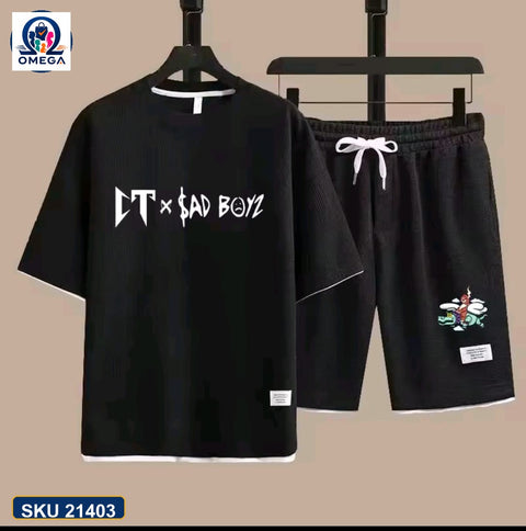Mash T-Shirt and Shorts Combo Black Sad Boy Text product photo | OmegaBD
