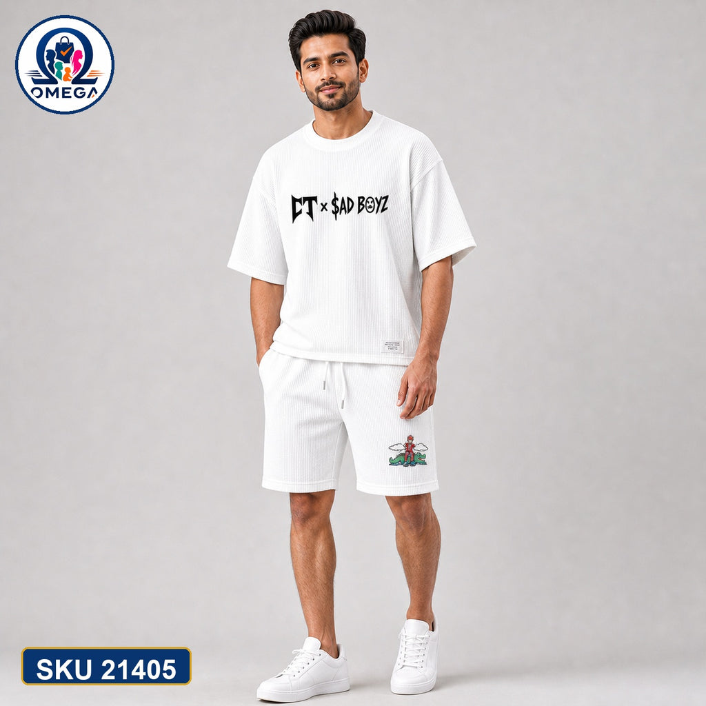 Mash T-Shirt and Shorts Combo White Sad Boy Text Bangladeshi model preview | OmegaBD